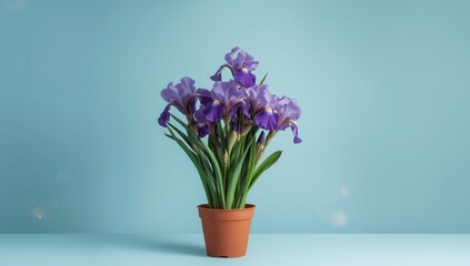 Potted purple iris flowers on a blue backdrop, suitable for floral arrangement backgrounds