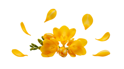 Vibrant yellow freesia flowers and petals floating in the air against a white background