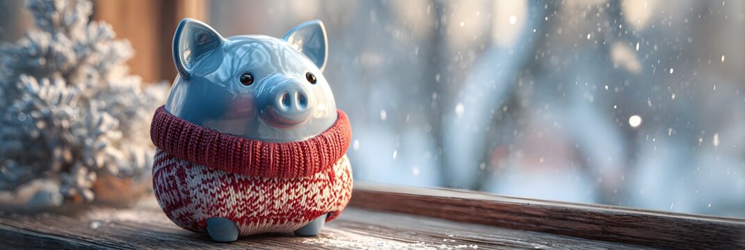 Cute blue ceramic piggy bank wearing knitted winter sweater standing on wooden windowsill with snowfall background