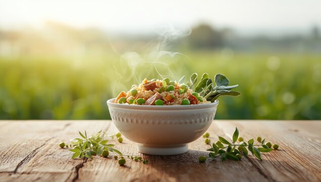 Steamed rice with vegetables and meat incorporating green peas, emphasizing wholesome ingredients for a nutritious dish