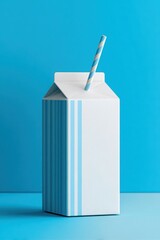 A blue and white milk carton with a straw, set against a vibrant blue background, exuding freshness and fun. Milk carton mockup