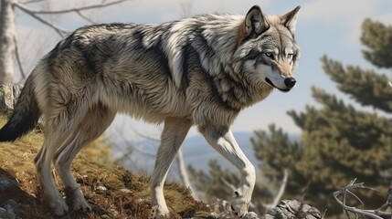 Fototapeta premium A solitary gray wolf strides along a rocky hillside with sparse pines and a bright sky above