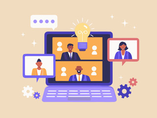 Virtual meeting on a laptop with diverse participants and bright ideas
