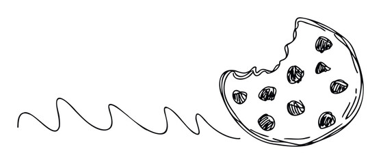 A hand drawn chocolate chip cookie with a bite taken out, perfect for decorating dessert menus, food packaging, or sweet snack promotions