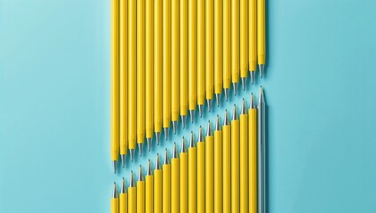 Set of yellow ballpoint pens aligned on a blue surface creating a repeating pattern, used as a background for text or layout