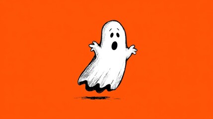 A charming cartoon ghost illustrated in black and white floats against a vivid orange backdrop, capturing a playful and whimsical Halloween spirit. Perfect for festive design projects and spooky theme