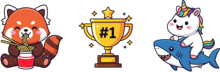 Cute cartoon animals illustration set with red panda eating noodles trophy winner and unicorn riding shark © Sumon Creative