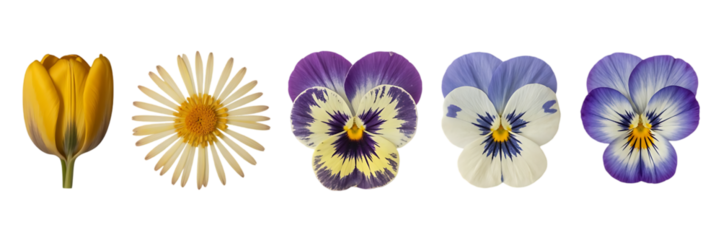 a vibrant arrangement of flowers showcases a tulip daisy and several pansies against a stark black background exhibiting varied hues