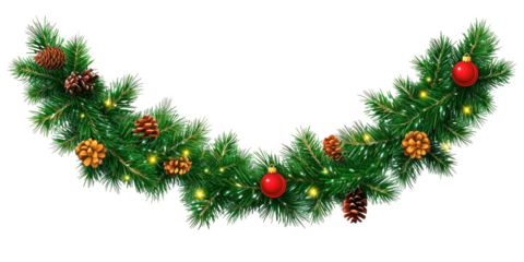 A Christmas garland with pine cones and red ornaments png transparent