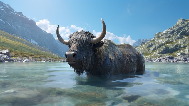A solitary water buffalo standing in a shallow lake amid rugged mountains under a bright blue sky