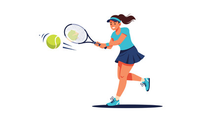 Dynamic and energetic illustration of a young woman enthusiastically playing tennis, focused on powerfully hitting a vibrant yellow tennis ball with her racket on the court.