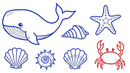 Cute Hand Drawn Ocean Animals and Seashells Collection.