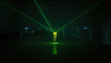 Laboratory scene with a green laser directed at a test tube containing yellow chemical solution, emphasizing analytical accuracy