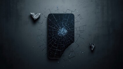 Dark distressed LCD display featuring broken glass overlay and blue iridescent noise dust, highlighting technological damage