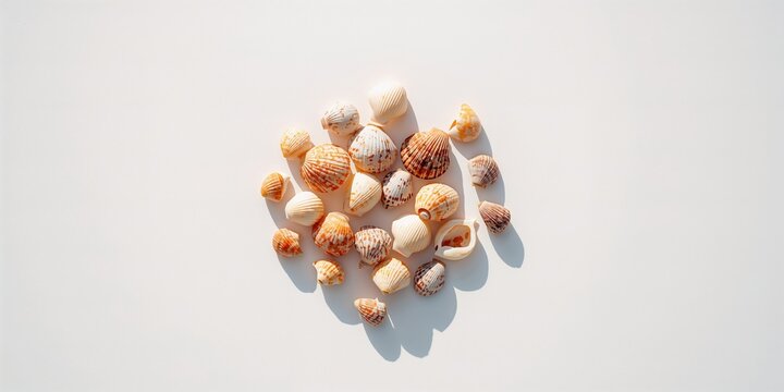 Sea shells placed on a white surface with summer vacation elements, suitable for editorial header backgrounds