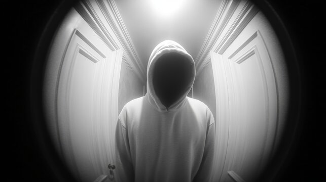 Hooded intruder seen through peephole at apartment door. Anonymous person in hoodie in hallway, black and white wide-angle view, home security and crime concept.