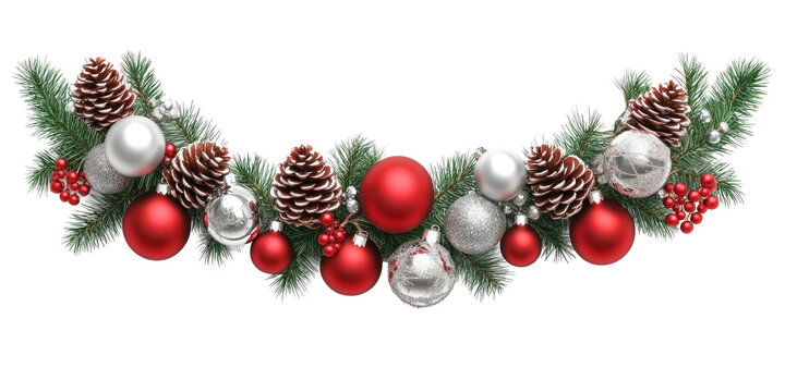 A festive Christmas garland with red and silver ornaments, pine cones, and holly berries png transparent - Powered by Adobe