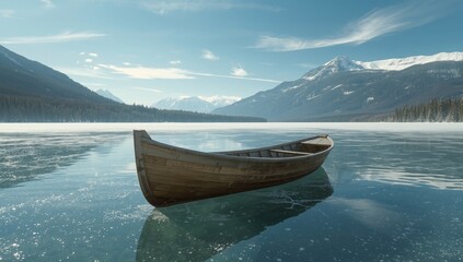 A partially submerged rowing boat resting on icy lake, emphasizing winter safety precautions or cold-weather activities