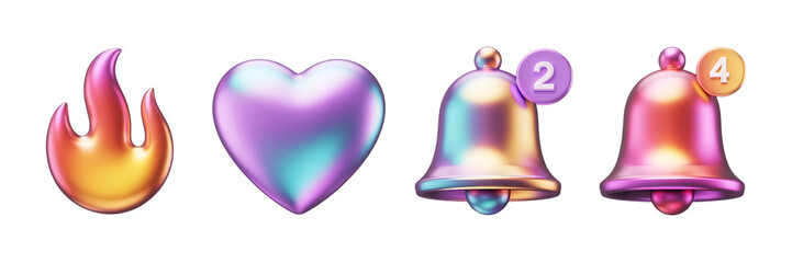 A vibrant display of digital icons showcasing a flame a heart notification bells with numbers on a black background