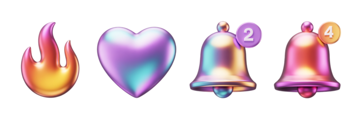 A vibrant display of digital icons showcasing a flame a heart notification bells with numbers on a black background