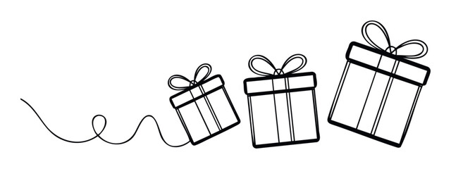 Continuous line drawing of three gift boxes with decorative bows progressively increasing in size perfect for holiday promotions special occasion announcements or celebratory event