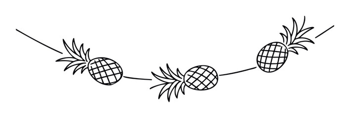 Tropical pineapple garland line drawing for summer party decorations, luau event invitations, beach themed promotions, or vacation resort marketing materials