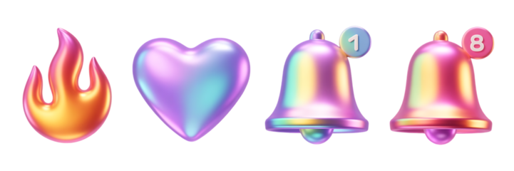 A vibrant collection of colorful icons depicting a flame heart notification bell and a bell with a number on it