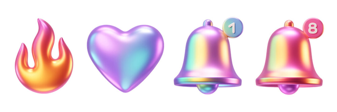 A vibrant collection of colorful icons depicting a flame heart notification bell and a bell with a number on it - Powered by Adobe