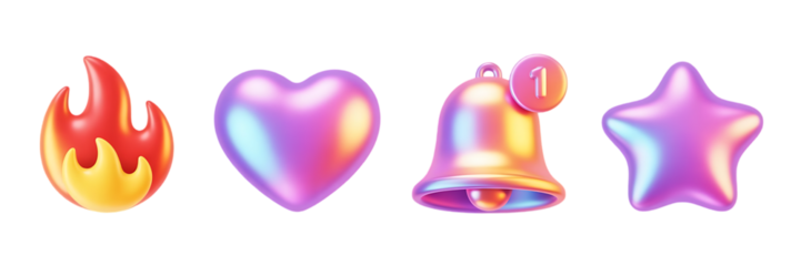 A vibrant collection of iridescent emojis featuring a flame heart notification bell and a shining star on a black background