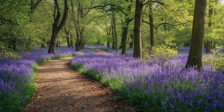 Bluebell woodland trail emphasizing springtime flora and pedestrian activity