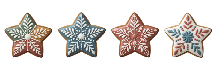 a delightful arrangement of four intricately decorated star shaped cookies showcasing various colorful icing designs on a black surface