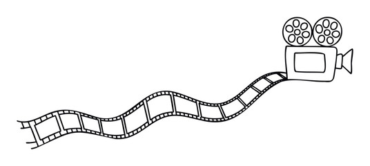 Classic film camera with a winding movie reel strip creating a dynamic visual for cinema events, entertainment promotions, or video production company branding