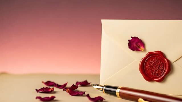 Elegant Stationery with Red Wax Seal, Fountain Pen, and Scattered Rose Petals valentine's day, copy space - Powered by Adobe