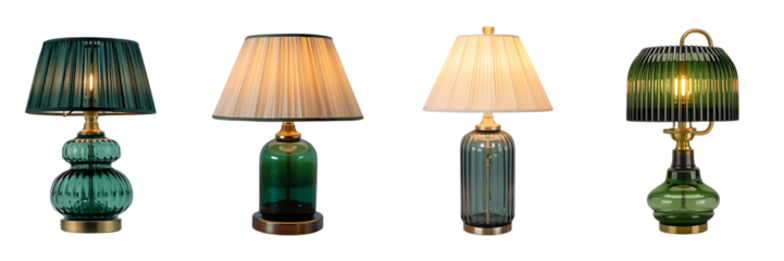 a collection of four decorative table lamps with varying shades and bases displayed against a dark background high quality professional