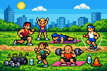 Obraz premium Retro pixel art outdoor fitness scene with exercising characters in city park