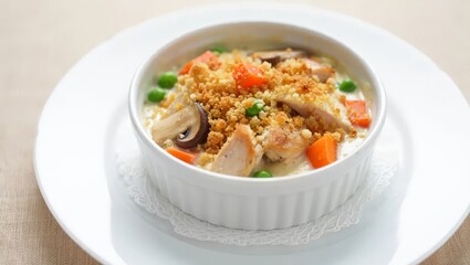 Baked chicken and mushroom julienne with cheese presented as a clean recipe book cover image. Food and publishing category for cookbook design and home cooking content.