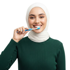 Smiling Muslim Woman in Hijab Brushing Teeth with Blue Toothbrush for Dental Hygiene isolated on transparent background