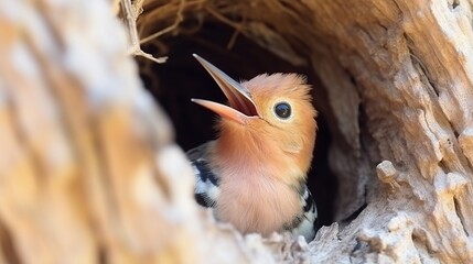 Fototapeta premium A tiny songbird with an orange chest peers from a sunlit tree hollow, beak open as if singing