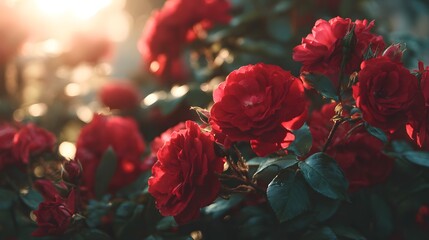 Obraz premium Close-up of vibrant red roses blooming in soft, warm sunlight.
