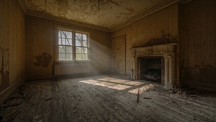Obraz premium Dilapidated home interior illuminated by natural light, highlighting neglect and structural deterioration