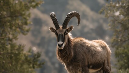 Capricorn with twisted horns standing on rugged landscape, highlighting wildlife preservation