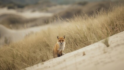 Vulpes vulpes resting in dune landscape close to water infrastructure, highlighting wildlife habitats