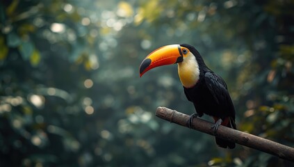 Obraz premium Brightly colored toucan resting in dense jungle foliage, highlighting tropical bird habitat preservation