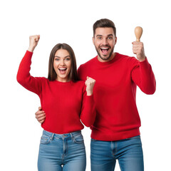 Happy Young Couple in Red Sweaters Celebrating and Cheering Success isolated on transparent background