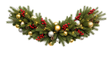 A Christmas wreath with green branches, red berries, and gold and silver ornaments against a white background.