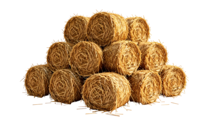 Stack of hay bales, golden brown, neatly arranged, and isolated on transparent background