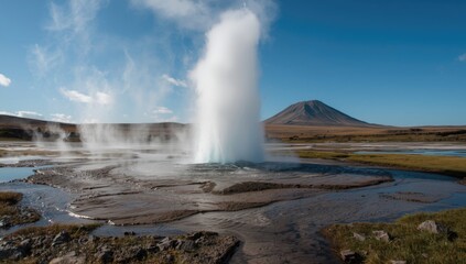 Geothermal geyser in Iceland erupting with force, natural landscape feature for travel promotion