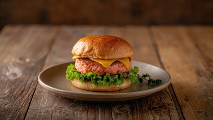 Salmon burger served on a dish atop a rustic wooden surface, highlighting protein-rich meal, World Food Day