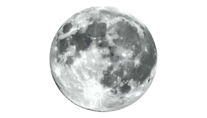 A detailed image of a full moon in grayscale against a stark black background