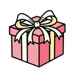 Pink gift box illustration with white ribbon and bow for birthday or holiday celebration isolated on transparent background